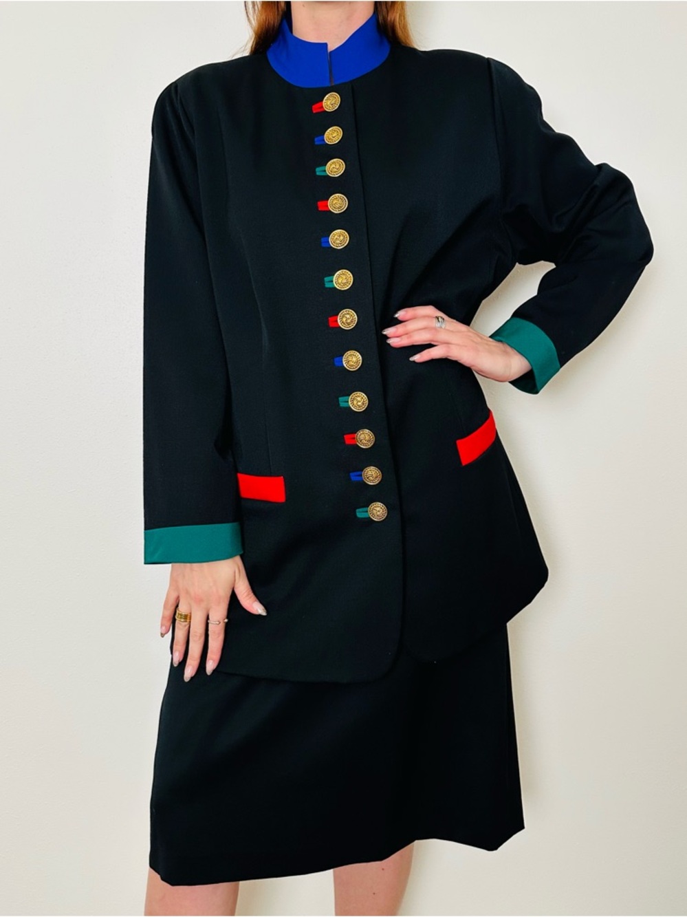 Vintage Bloomingdale's Wool Skirt Jacket Suit Colorblock Gold Buttons 80s 90s